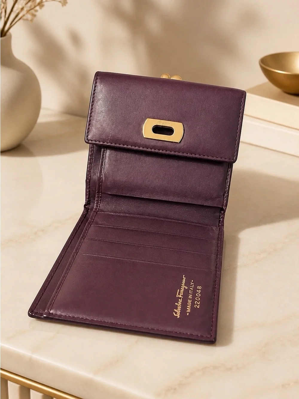 Vintage Salvatore Ferragamo Gancini Leather Tri-Fold Wallet 220048 Burgundy Plum